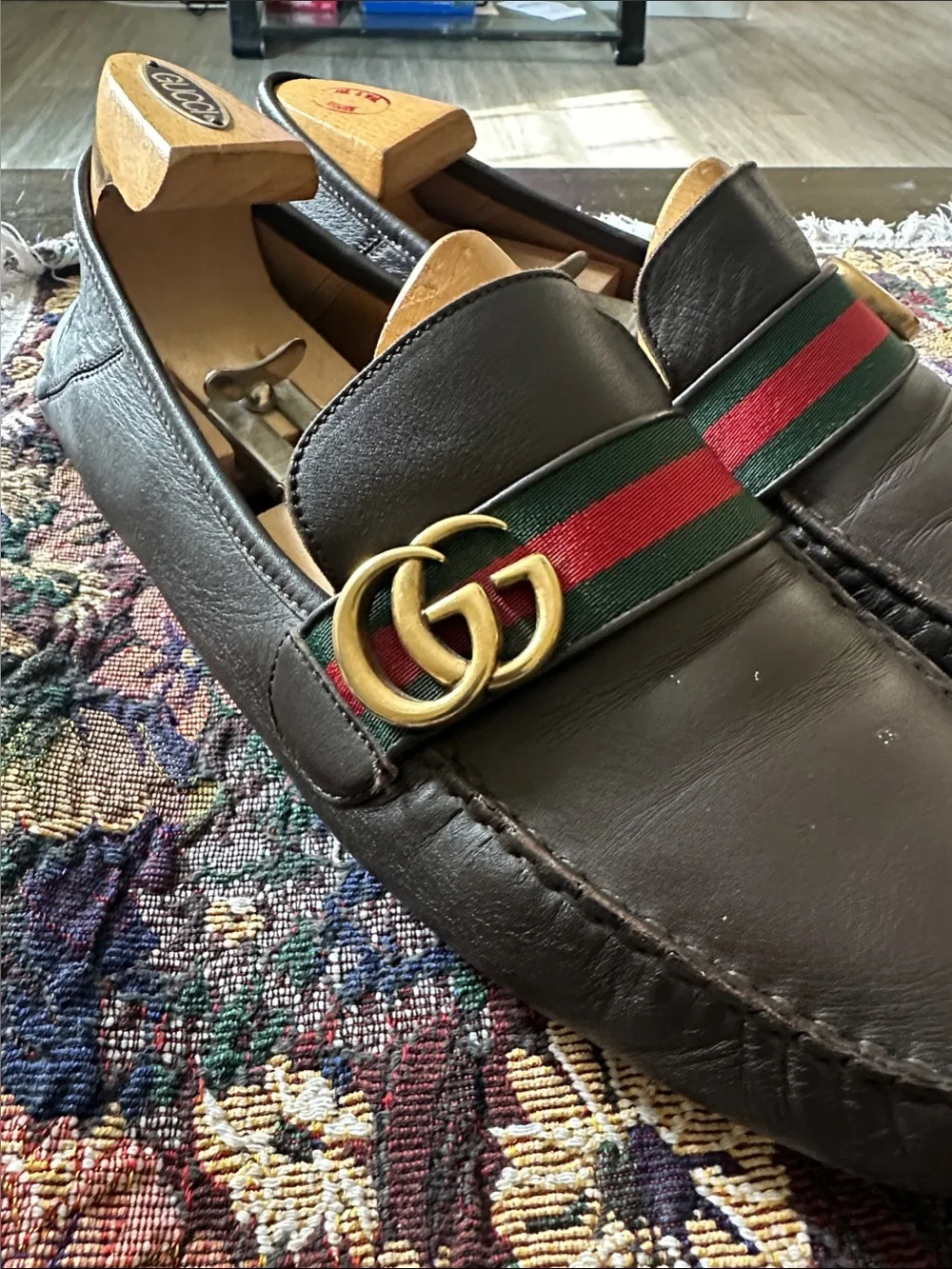 Gucci GG Gold Green Red Web Brown Leather Men’s Driving Loafers Size 12 G